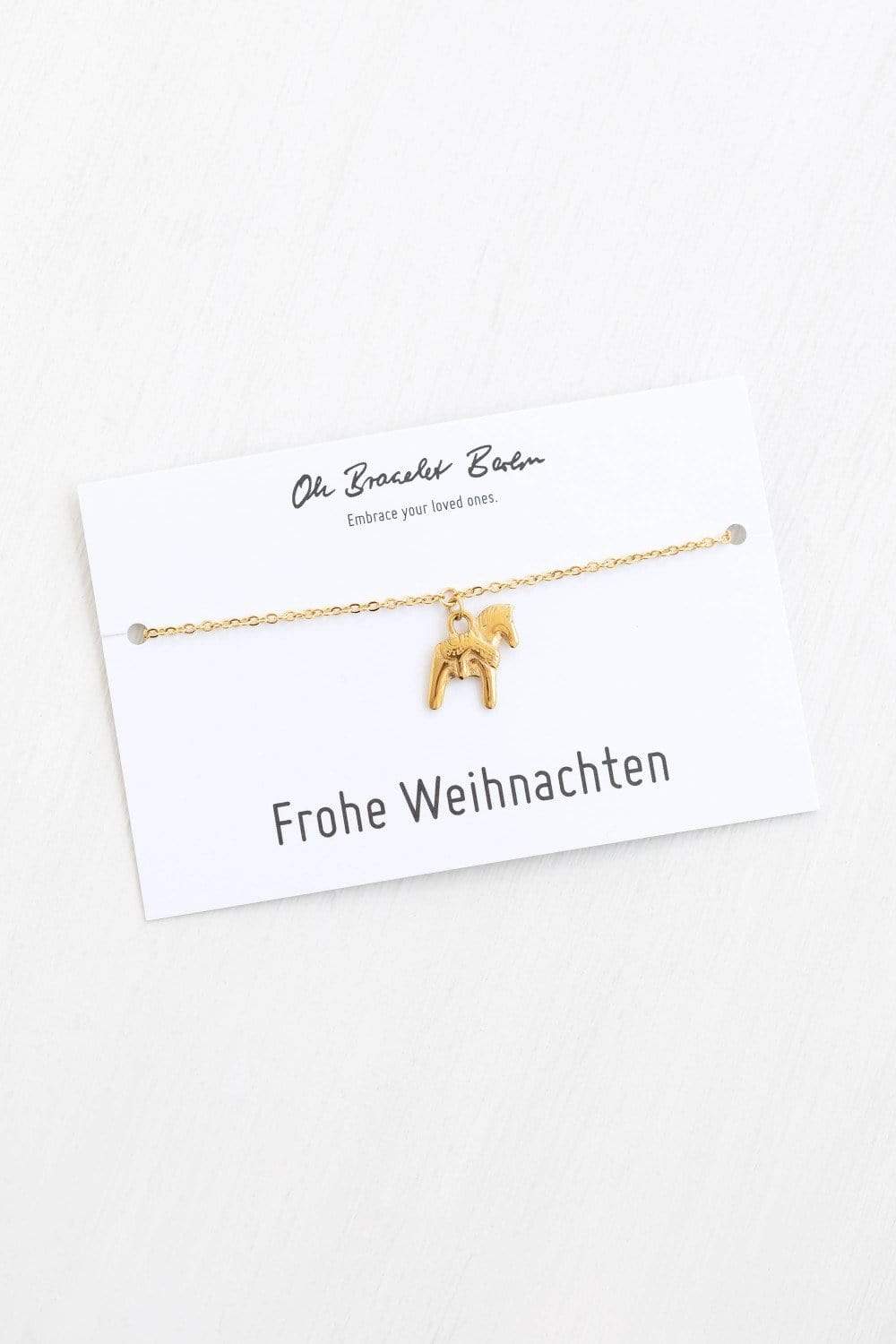 Armkette mit Dalapferd an Spruch Karte Frohe Weihnachten in der Farbe Gold von Oh Bracelet Berlin