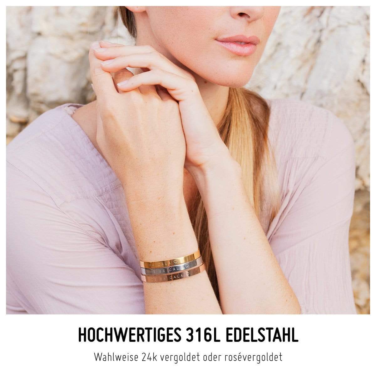 Model präsentiert drei Armreifen in den Farben Gold Silber und Roségold von Oh Bracelet Berlin